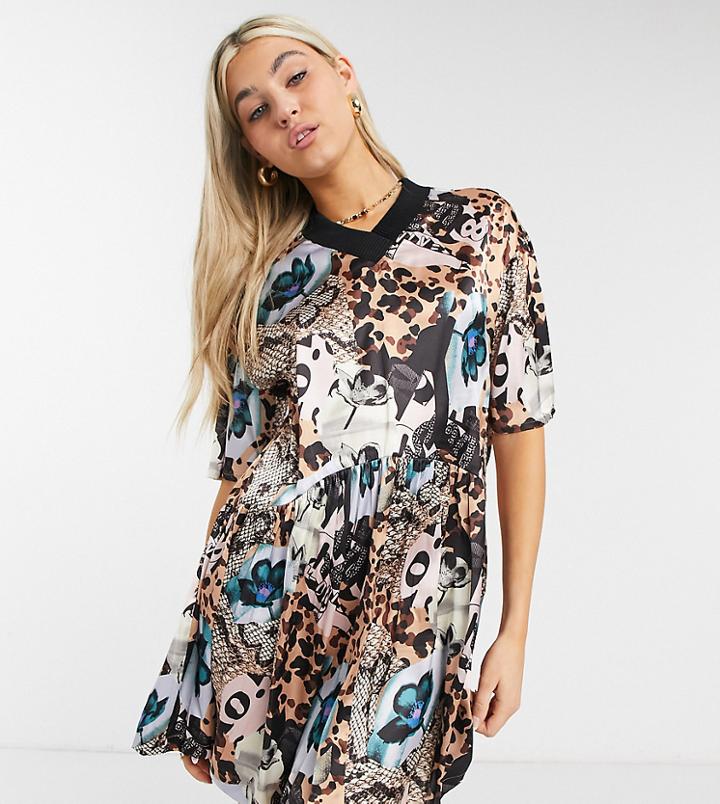 Collusion Printed Satin Smock Mini Dress With Rib Neck In Multi