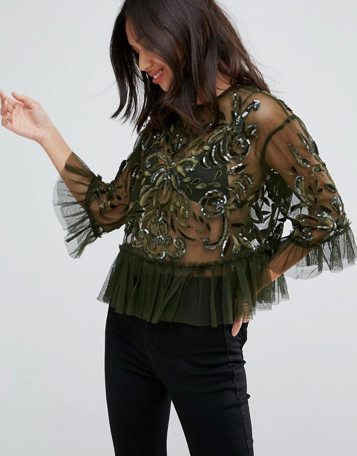 Asos Mesh Top With Velvet Applique & Sequins - Green