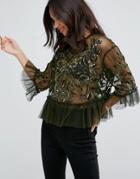 Asos Mesh Top With Velvet Applique & Sequins - Green