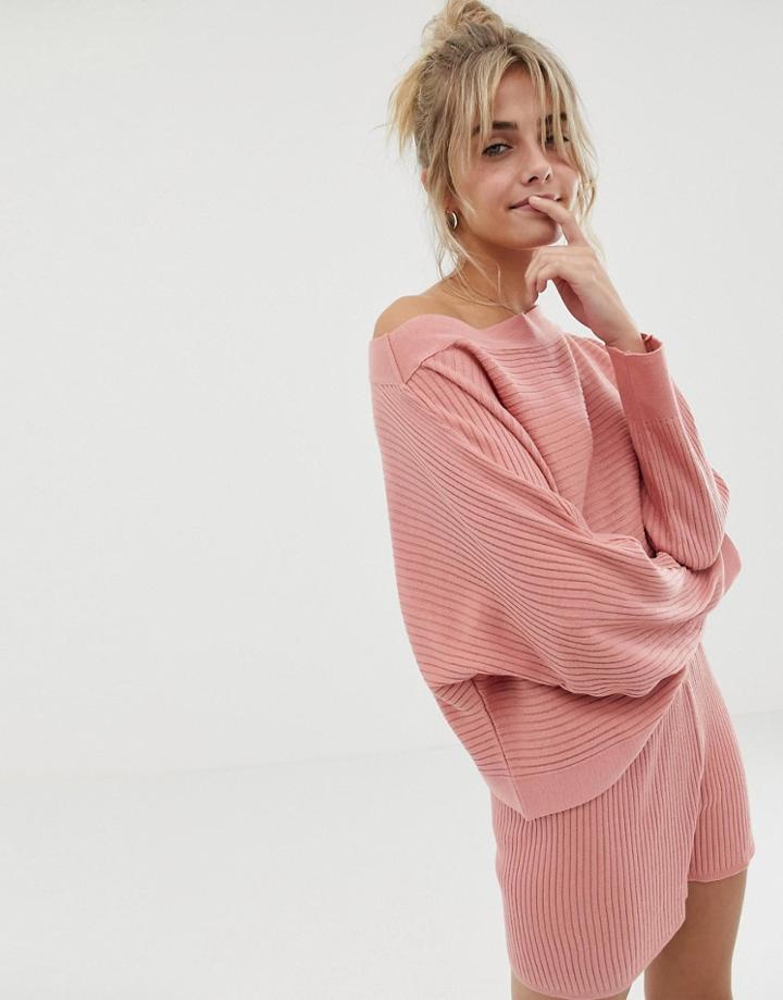 Asos Design Mix & Match Lounge Knitted Rib Off Shoulder Sweat-pink