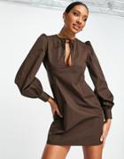 Asos Design Twill Mini Dress With Keyhole In Chocolate-brown