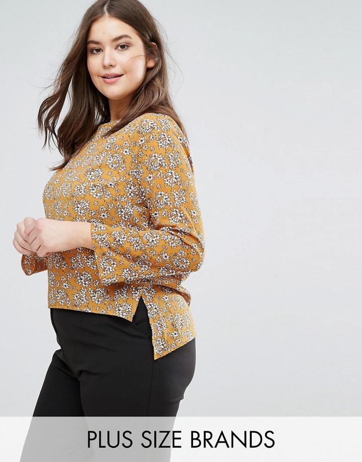 Rage Plus Long Sleeve Chiffon Floral Print Blouse With 3/4 Sleeve - Yellow