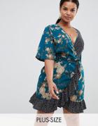 Missguided Plus Floral And Polka Dot Wrap Dress - Green