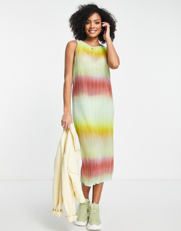 Monki Relaxed Column Midi Dress In Ombre Plisse-multi
