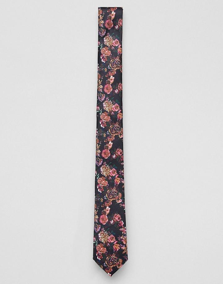 Asos Design Slim Floral Tie In Black - Black