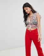 Raga Victoria Printed Tassle Front Crop Top-pink