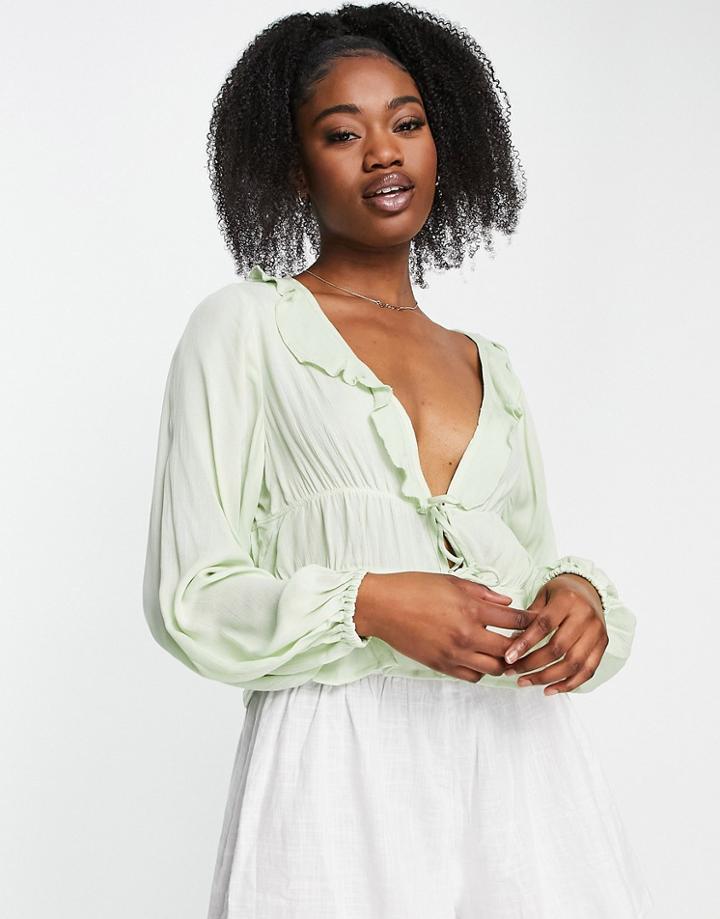 Stradivarius Crinkle Ruffle Blouse In Sage-green