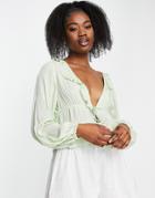 Stradivarius Crinkle Ruffle Blouse In Sage-green