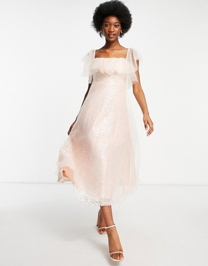Forever U Organza Bardot Midi Dress In Pink Sequin