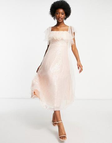 Forever U Organza Bardot Midi Dress In Pink Sequin
