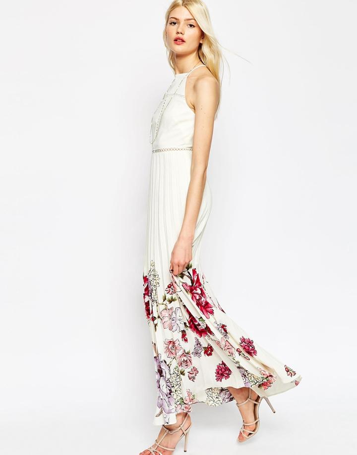 Asos Maxi Dress With Border Print And Lace Insert - Multi