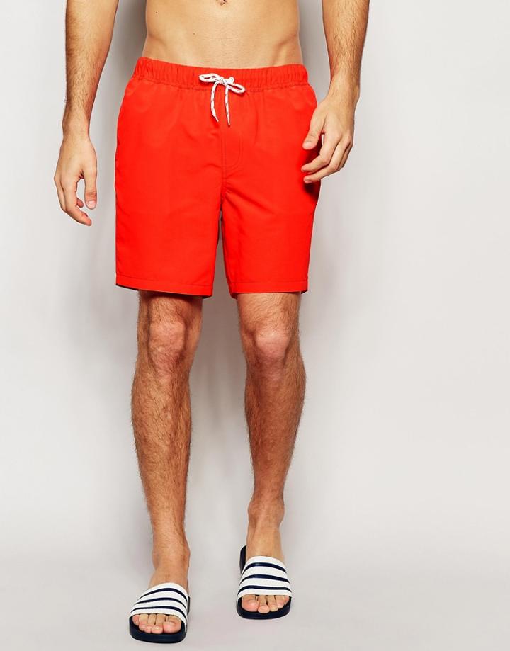 Asos Mid Length Swim Shorts In Tomato Red - Red