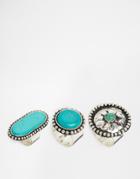 Asos Pack Of 3 Western Stone Rings - Turquoise