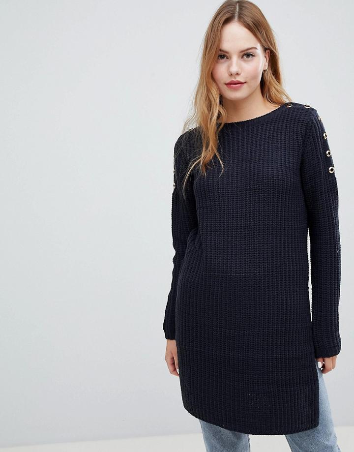 Qed London Ribbed Split Hem Sweater-navy