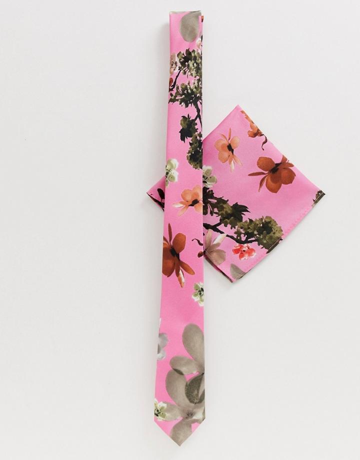 Asos Design Wedding Slim Tie & Pocket Square In Pink - Pink