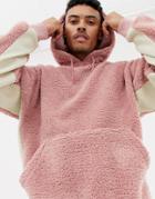 Asos Design Oversized Hoodie In Pink Borg With Contrast Ribs - Pink