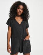 Asos Design Washed Button Through Oversized Romper In Charcoal-gray