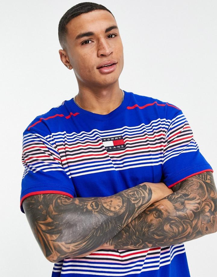 Tommy Jeans Center Badge Stripe T-shirt In Cobalt Blue Multi-blues