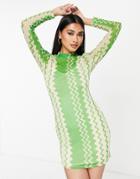 Never Fully Dressed Mesh Zig Zag Print Mini Dress In Green