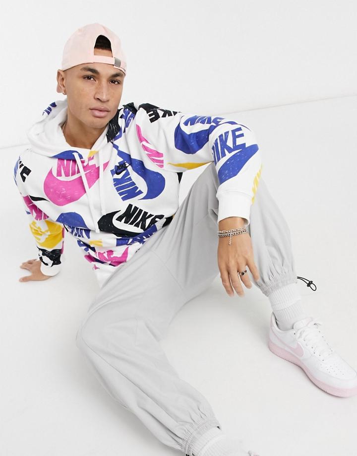 Nike Club All Over Logo Print Hoodie In White