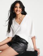 Asos Design Oversized V Neck Tee With Split Hem In Ivory-white