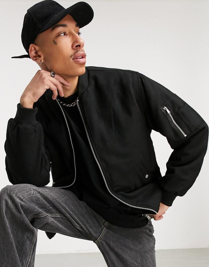 Asos Design Wool Mix Oversized Padded Bomber Jacket In Black