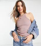 Asos Design Tall Extreme Racer Front Tank Top In Rib In Taupe-neutral