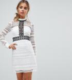 Chi Chi London Petite Lace Mini Dress With Contrast Stitching And Cut Out Back - White