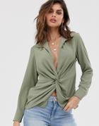 Asos Design Long Sleeve Plunge Shirt With Knot Front-green
