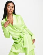 River Island Satin Belted Blazer In Green - Part Of A Set-yellow