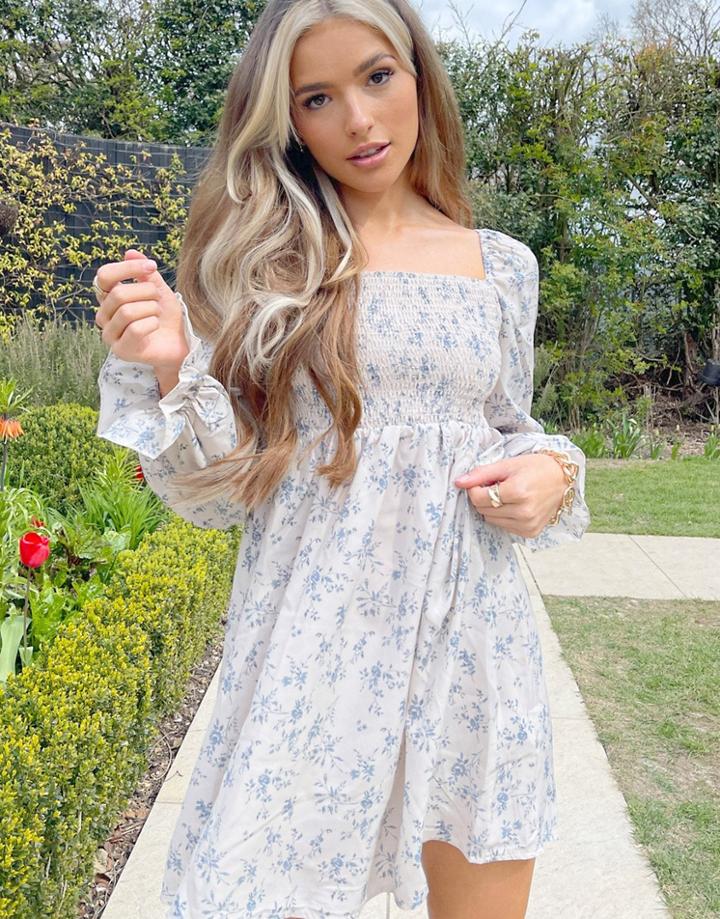 Missguided Milkmaid Mini Dress With Shirred Detail In White Floral