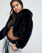 Missguided London Faux Fur Hooded Cropped Jacket - Navy