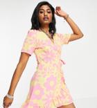 Only Exclusive Wrap Ruffle Hem Mini Dress In 70s Yellow Floral-multi