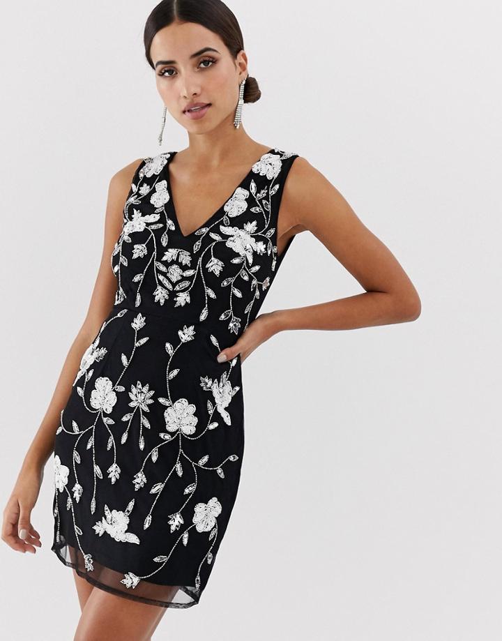 Maya Front Embellished V Neck Mini Dress - Black