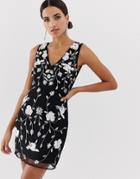 Maya Front Embellished V Neck Mini Dress - Black