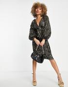 Asos Design Sequin Balloon Sleeve Plunge Midi Dress In Gold Black Velvet