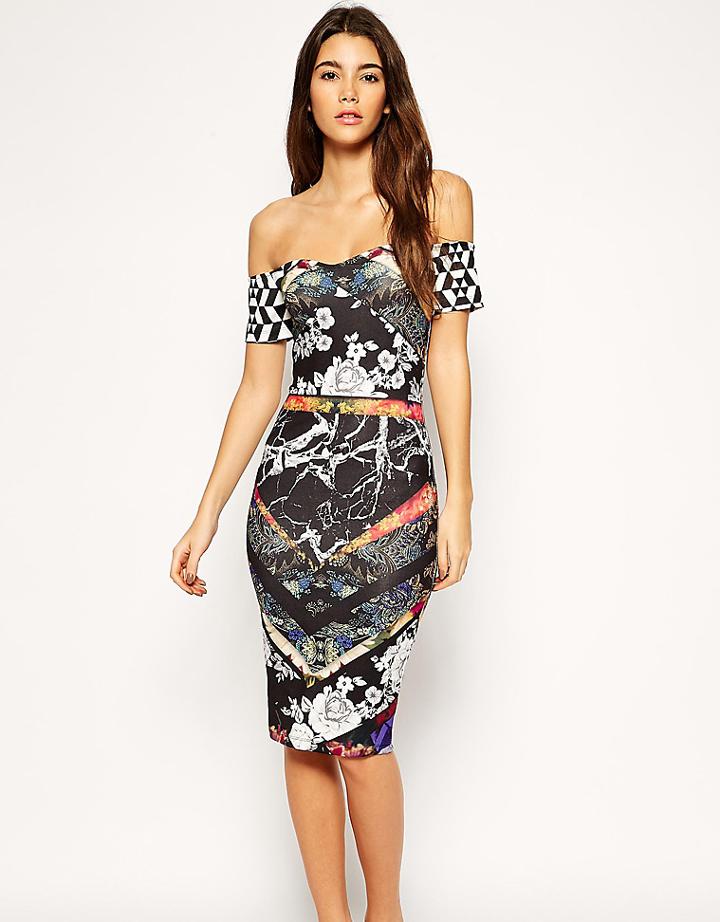 Asos Petite Exclusive Bardot Bodycon Midi Dress In Print - Multi