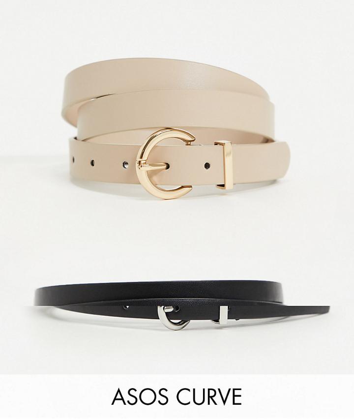 Asos Design Curve 2-pack Waist And Hip Jeans Belt With Half Moon Buckle-neutral