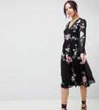 Asos Design Tall Embroidered Midi Dress With Lace Trims-black