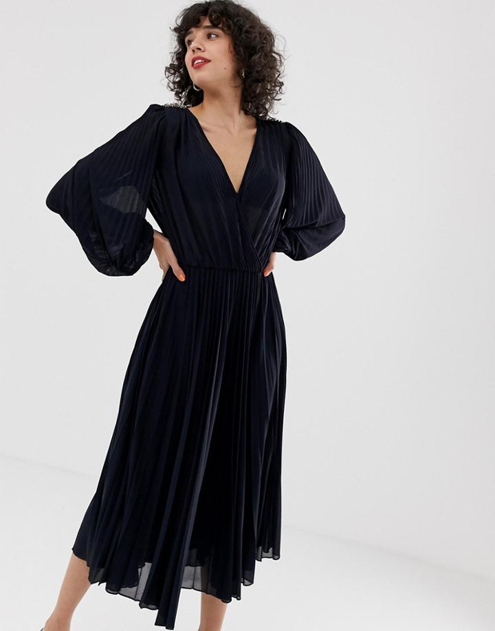 Max & Co Plunge Front Pleated Dress - Navy