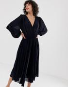 Max & Co Plunge Front Pleated Dress - Navy