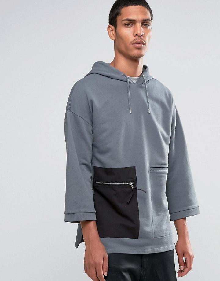 Asos Longline Hoodie With Half Sleeve & Woven Zip Pocket - Gray