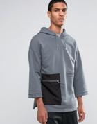 Asos Longline Hoodie With Half Sleeve & Woven Zip Pocket - Gray