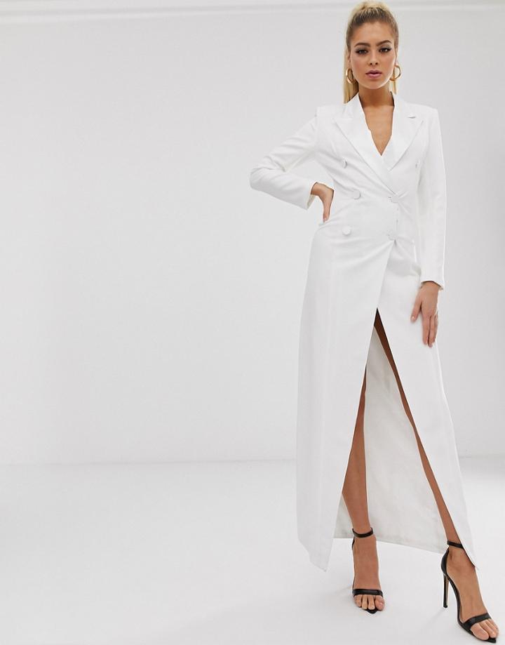 Club L London Double Breasted Midaxi Satin Blazer Dress-white