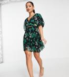 Asos Design Petite Wrap Around Pleated Mini Dress In Dark Based Floral Print-multi