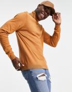 Asos Design Knitted Cotton Roll Neck Sweater In Tan-brown