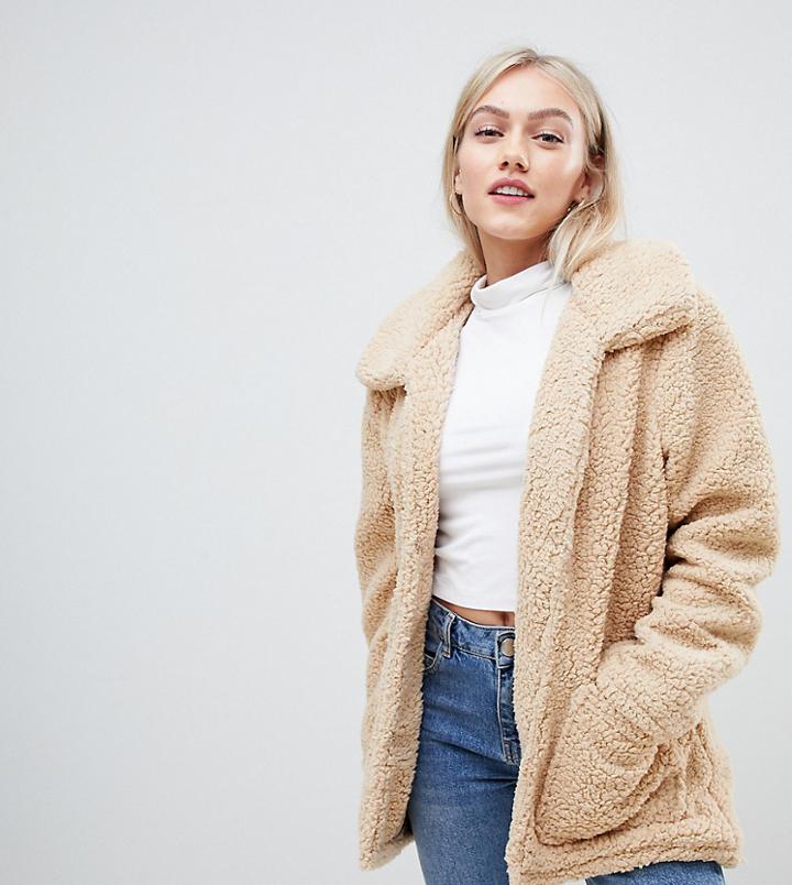 Brave Soul Petite Heavenly Coat In Curly Faux Fur-cream