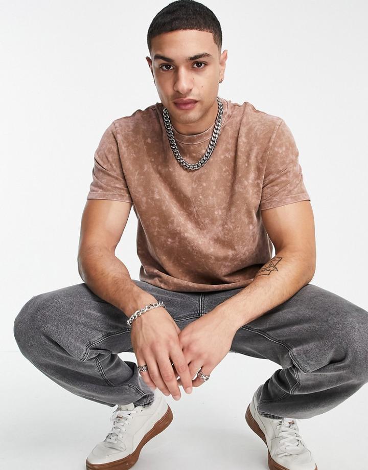 Asos Design Relaxed Pique T-shirt In Orange And Gray Acid Wash