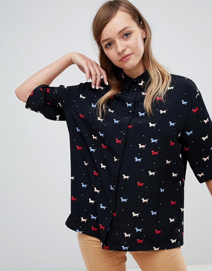 Monki Oversized Multi Color Dog Print Blouse In Black - Black