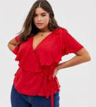 Asos Design Curve Wrap Top With Cape Detail - Red